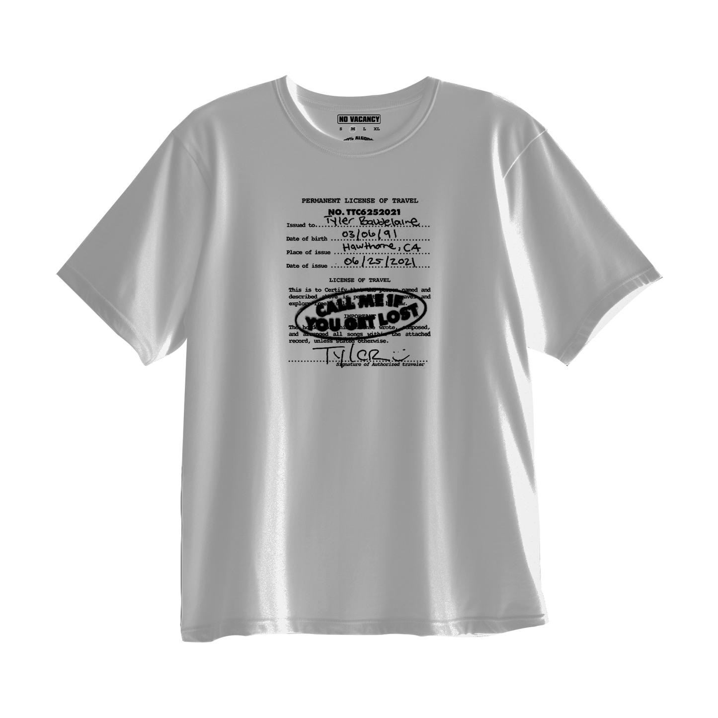 T-shirt Oversized Tyler the Creator Passport Info. "Call me If you get Lost"