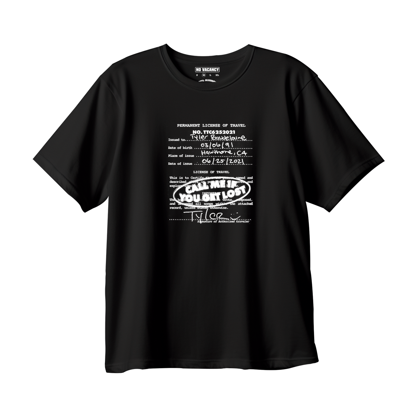 T-shirt Oversized  Tyler the Creator Passport Info. "Call me If you get Lost"